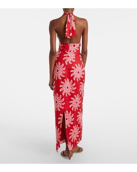 Cala De La Cruz Red Dasha Printed Halterneck Linen Maxi Dress
