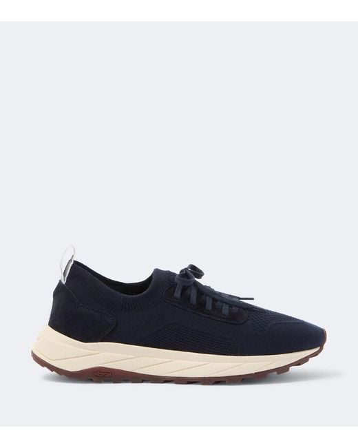 Fedeli Blue Knitted Suede-Trimmed Sneakers for men