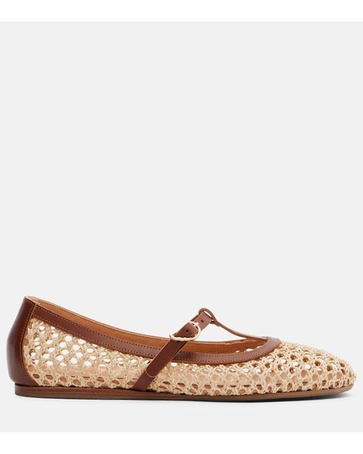 Ancient Greek Sandals Brown Aerati Leather-Trimmed Raffia Mary Jane Flats