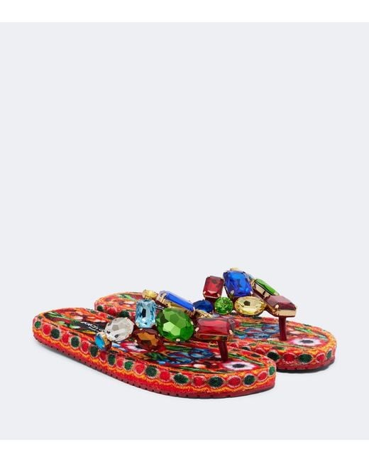 Dolce & Gabbana Red Embellished Leather Thong Sandals