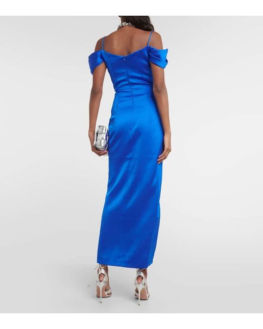 Rasario Blue Draped Satin Midi Dress