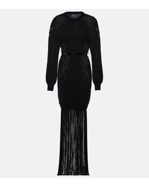 Costarellos Black Feather, Crochet And Fringe Dress
