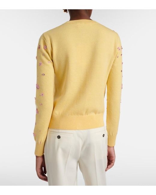 Oscar de la Renta Yellow Crystal Cluster Virgin Wool Cardigan