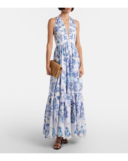 Camilla Blue Embellished Halterneck Cotton Poplin Maxi Dress