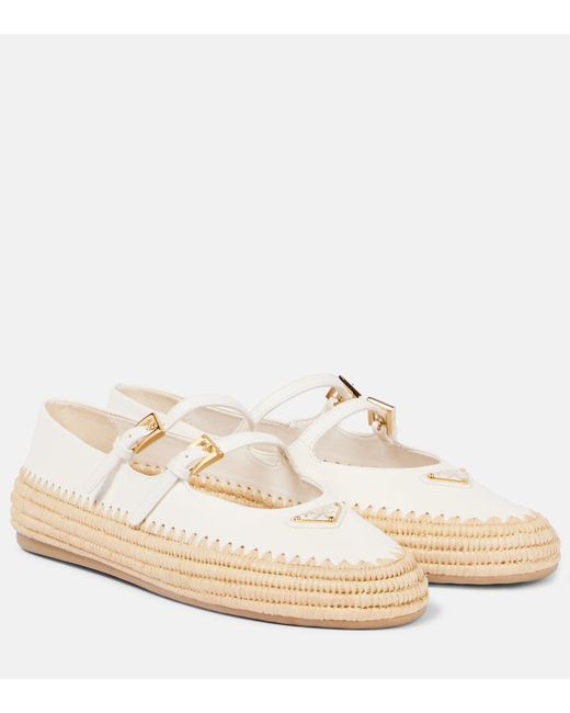 Prada White Logo Leather & Raffia Ballet Flat