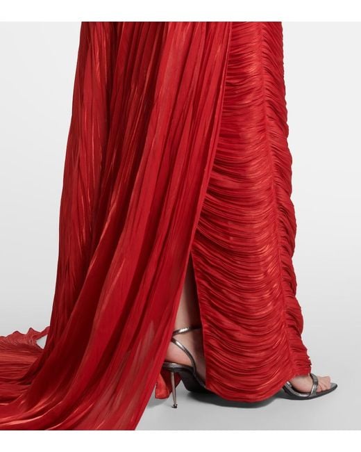 Marmar Halim Red Caped Pleated Bustier Gown