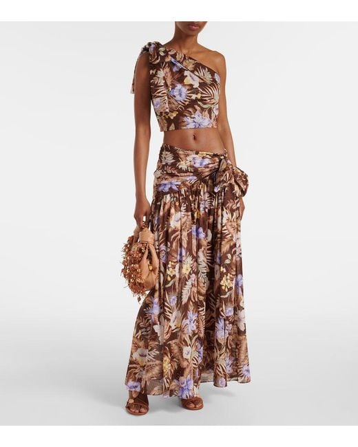Zimmermann Brown Coco Floral One-Shoulder Cotton Top