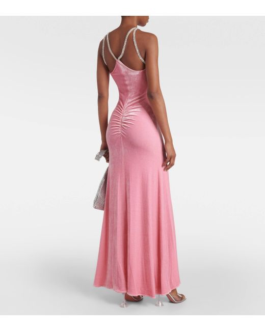 Rabanne Pink Embellished Ruched Velvet Gown