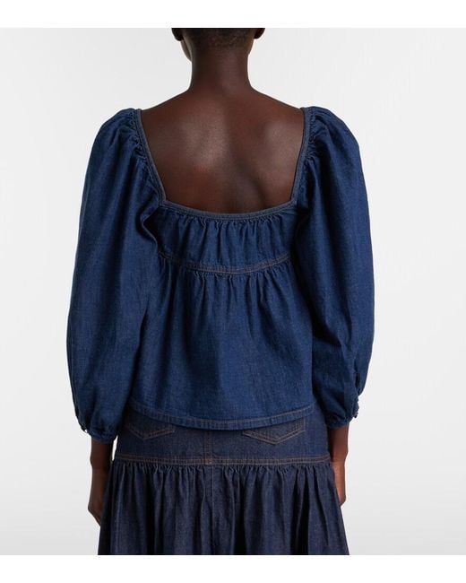Saint Laurent Blue Gathered Denim Blouse