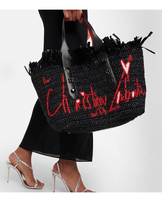 Christian Louboutin Black Frangibus Medium Embroidered Raffia Tote Bag