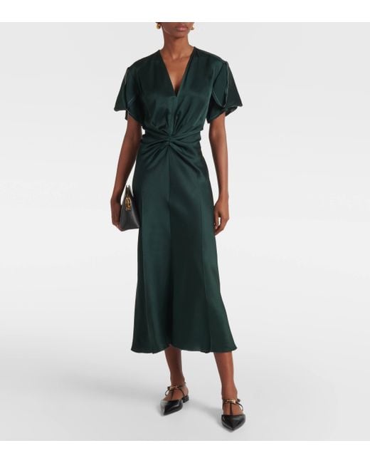 Victoria Beckham Green Gathered Crepe Satin Midi Dress