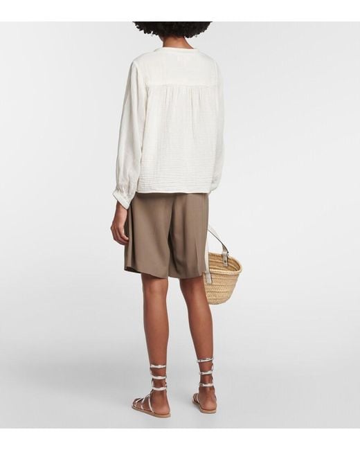 Velvet White Tie-Neck Cotton Blouse Top