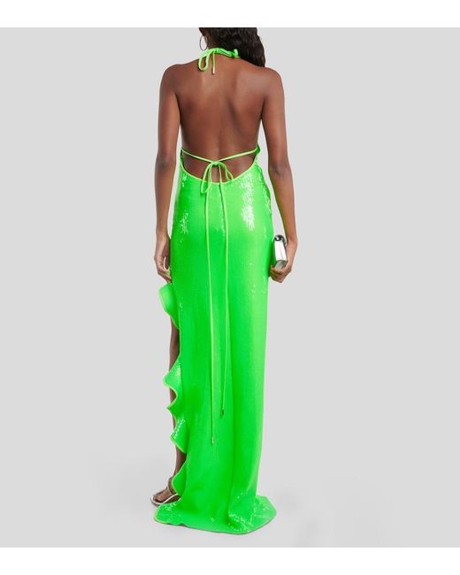 David Koma Green Sequined Halterneck Maxi Dress
