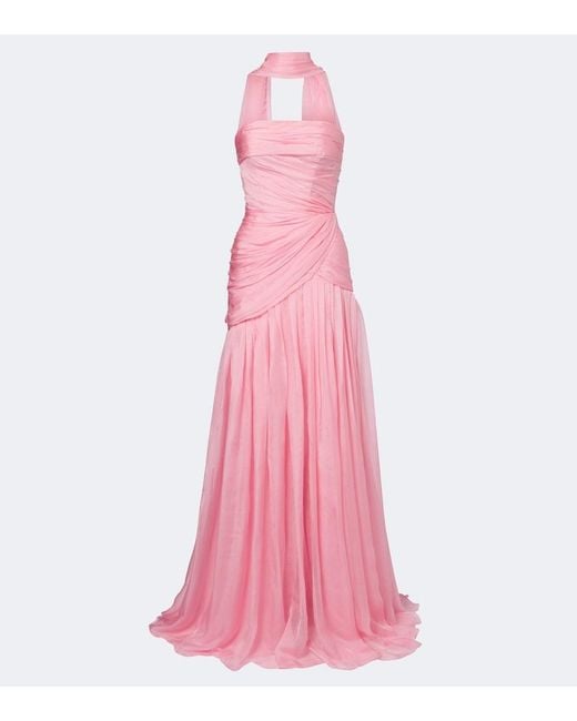 Monique Lhuillier Pink Scarf-Detail Draped Silk Bustier Gown