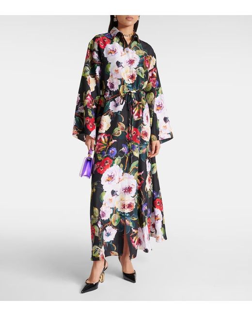 Vestido camisero de saten de seda floral Dolce & Gabbana de color Black