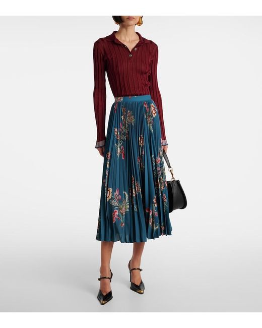 Etro Blue Plisse High-Rise Floral Midi Skirt