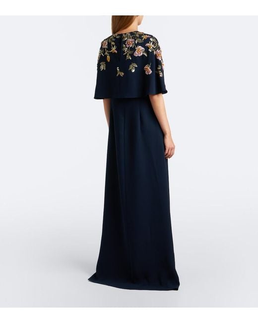 Oscar de la Renta Blue Embellished Silk-Blend Georgette Gown