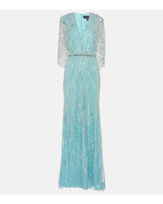 Jenny Packham Blue Coralia Caped Embellished Gown