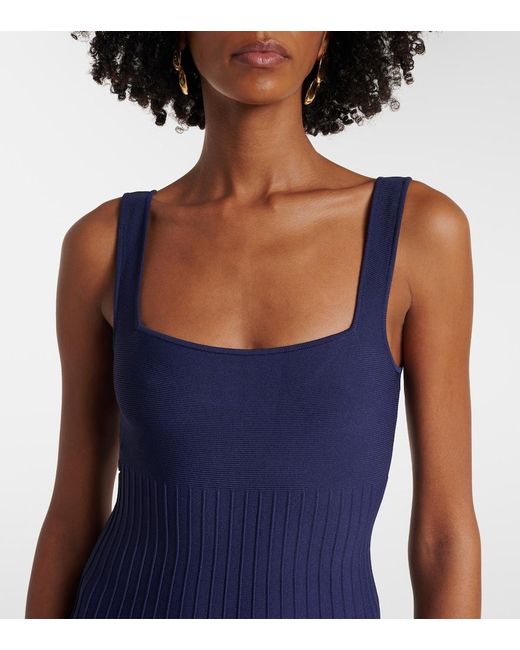 Staud Blue Ellison Pleated Compact-Knit Midi Dress