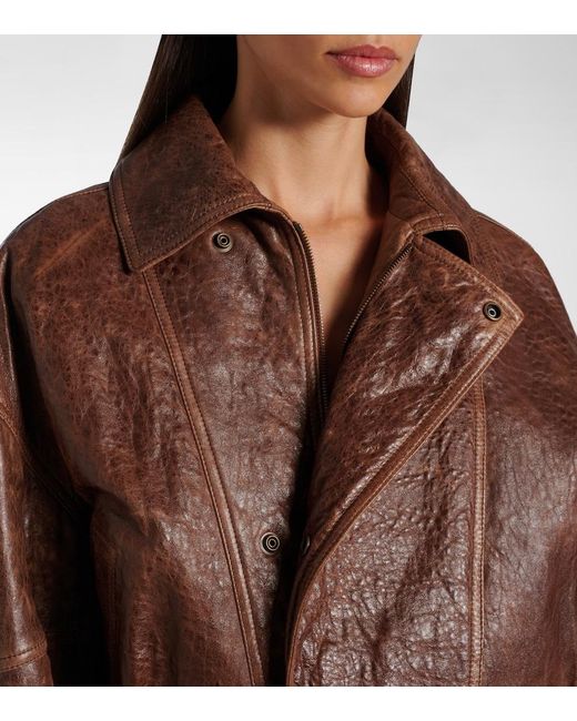 Saint Laurent Brown Double-Breasted Leather Bomber Jacket