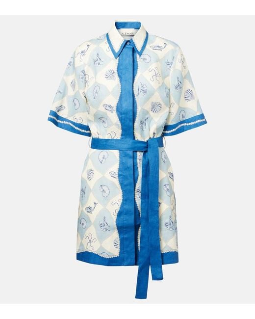 ALÉMAIS Blue Printed Linen Shirt Dress