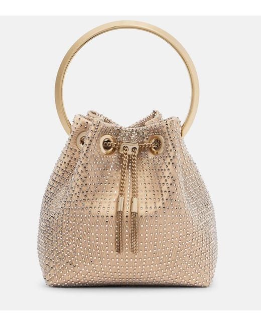 Jimmy Choo Natural Bon Bon Small Embellished Satin Bucket Bag