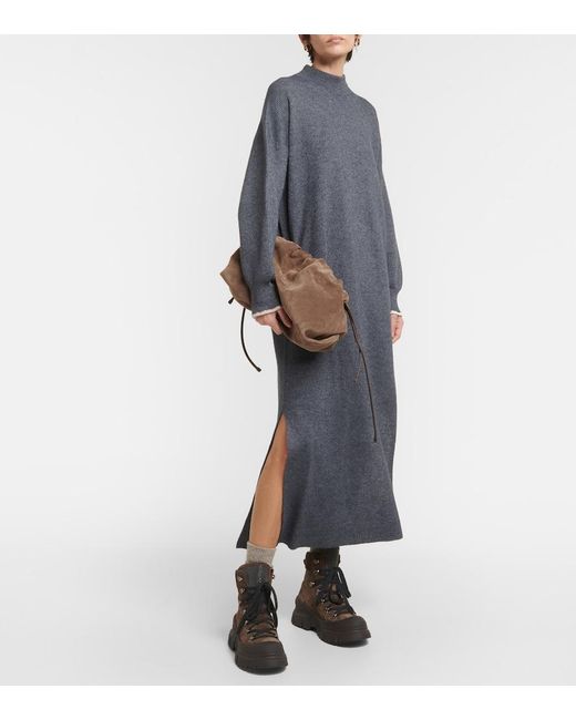Brunello Cucinelli Blue Ribbed-Knit Cotton And Alpaca Midi Dress