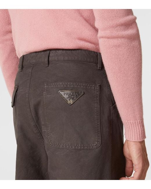 Prada Gray Leather-Trimmed Cotton Straight Pants for men