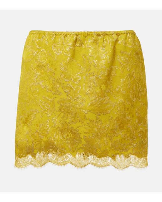 Saint Laurent Yellow Lace-Trimmed Jacquard Lame Miniskirt