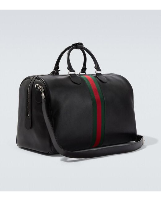 Gucci Black Web Trademark Medium Leather Duffel Bag for men