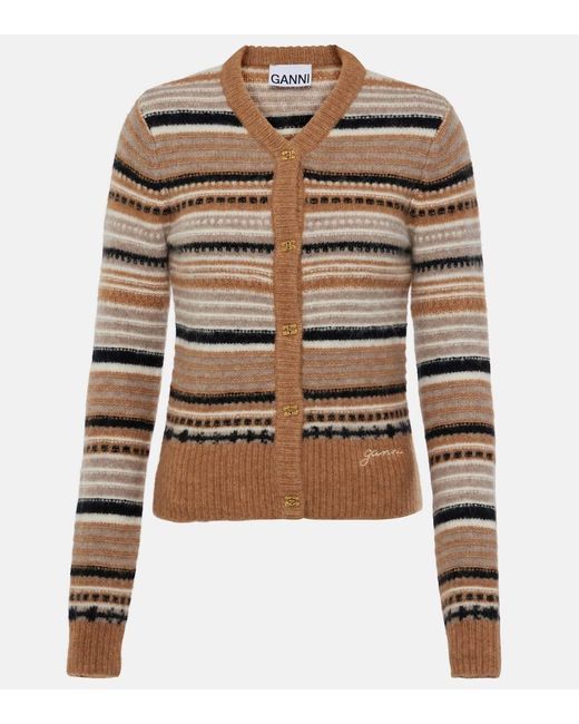 Ganni Brown Soft gestreifte Strickjacken mit flauschiger Sprache