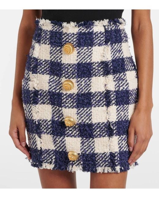 Minifalda De Tweed De Tiro Alto Balmain de color Blue