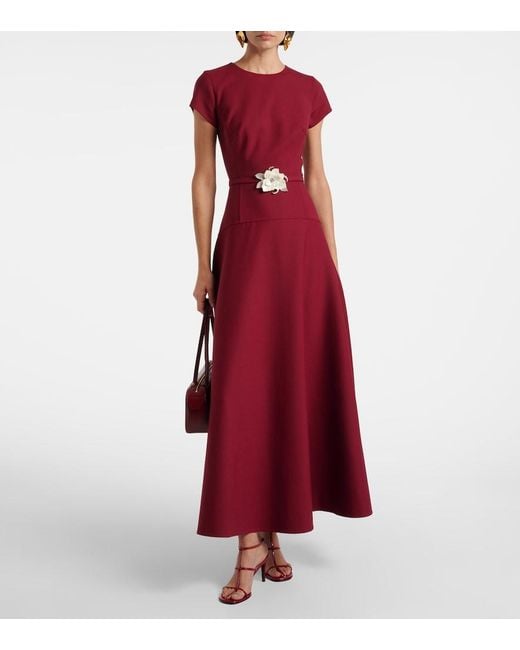 Oscar de la Renta Red Floral-Applique Wool-Blend Crepe Maxi Dress