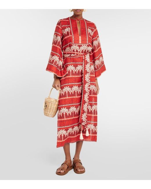 Johanna Ortiz Red Printed Linen Maxi Dress