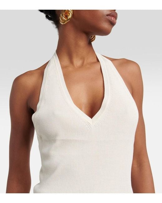 Nili Lotan White Ivey Ribbed-Knit Halterneck Silk Top
