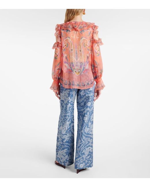 Etro Pink Printed Ruffled Silk Blouse