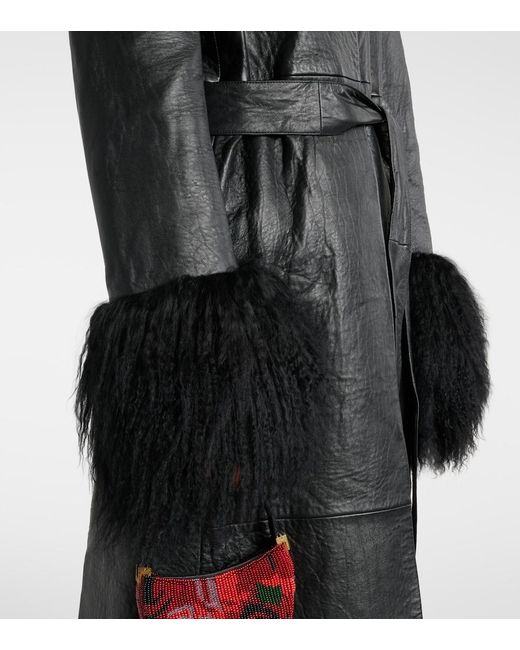 Magda Butrym Black Shearling-Trimmed Leather Coat