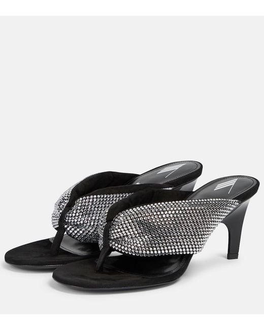The Attico Black Rem Satin Crystal-Embellished Thong Sandals