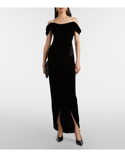 Costarellos Black Embellished Off-Shoulder Velvet Gown
