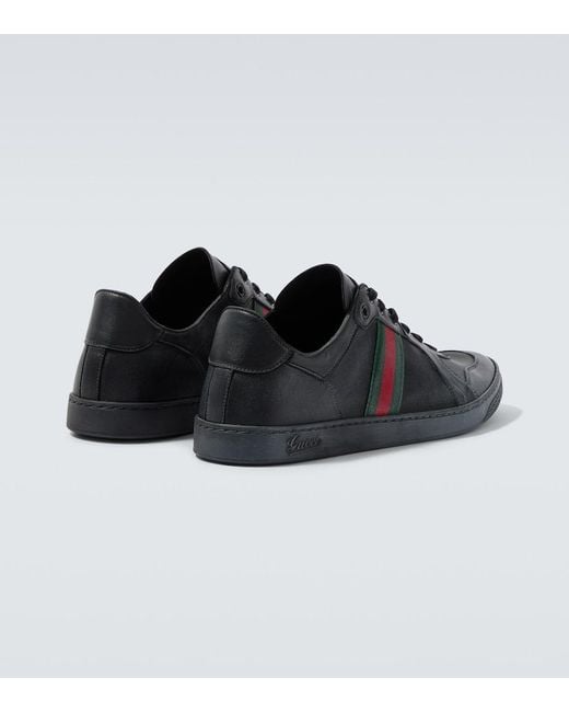 Gucci Black Stretch Web Stripe Leather Sneakers for men