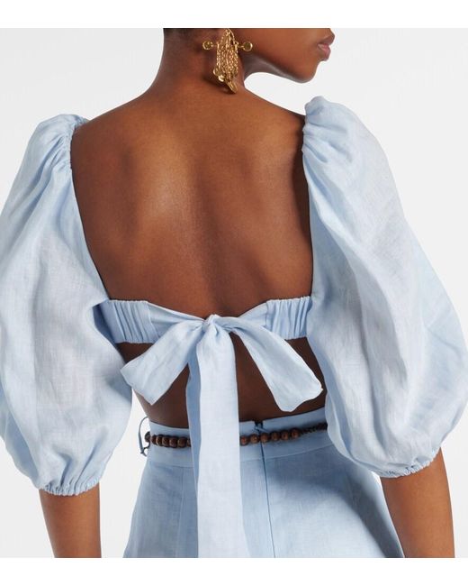 Zimmermann Blue Rhiannon Puff-Sleeve Linen Crop Top
