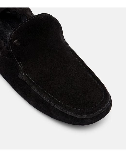 Tod's Black Gommino Shearling-Lined Suede Driving Shoes