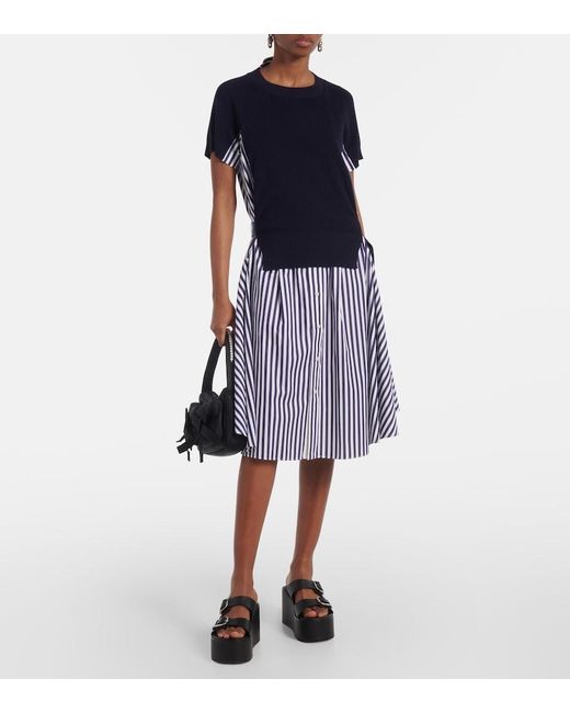 Sacai Blue Striped Cotton Midi Dress