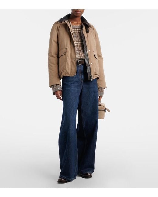 Brunello Cucinelli Blue Leather-Trimmed Barrel-Leg Jeans