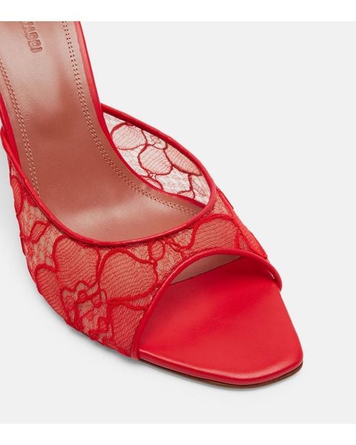 AMINA MUADDI Red Alexa Leather-Trimmed Lace Mules