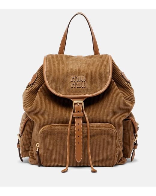 Miu Miu Brown Leather-Trimmed Corduroy Backpack