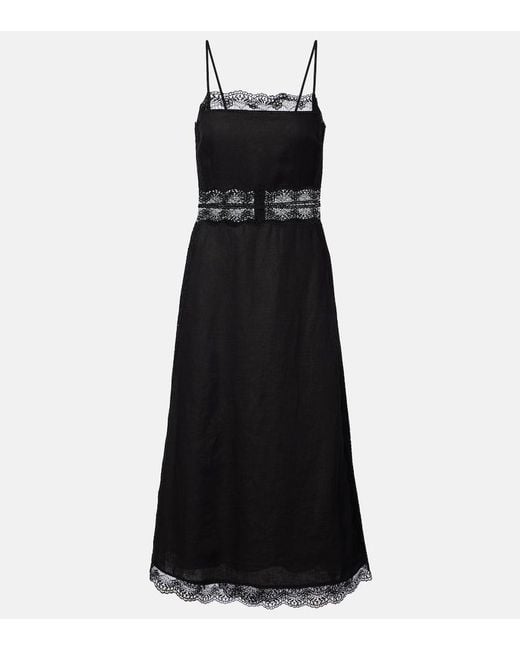 Staud Black Amalina Lace-Trimmed Linen Midi Dress