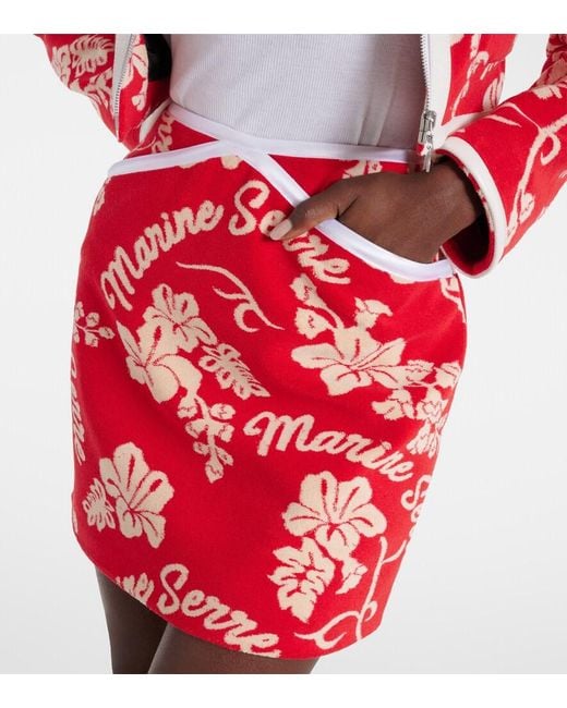 MARINE SERRE Red Leather-Trimmed Jacquard Miniskirt