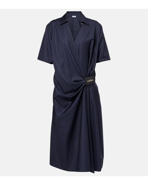 Loewe Blue Pinstripe Gathered Wool Wrap Dress