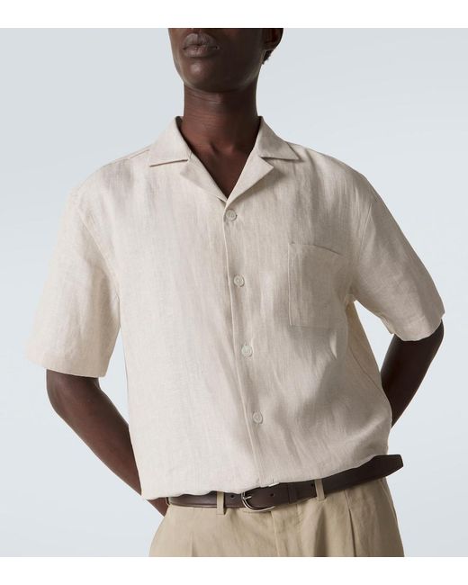 Fedeli Natural Striped Linen Bowling Shirt for men